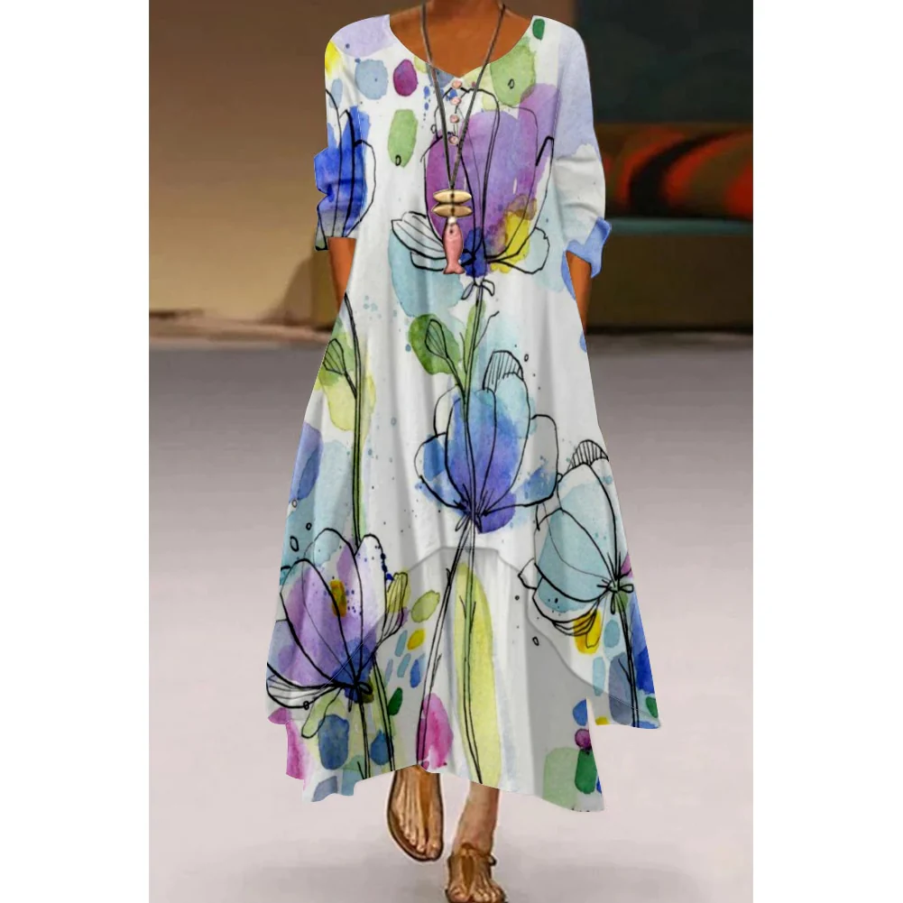 Floral Parrot Print Maxi Long Dress Women's Fashion Party Evening Dresses Sexy high Waist Robe Summer Long Sleeve Elegant Dress - Image 5
