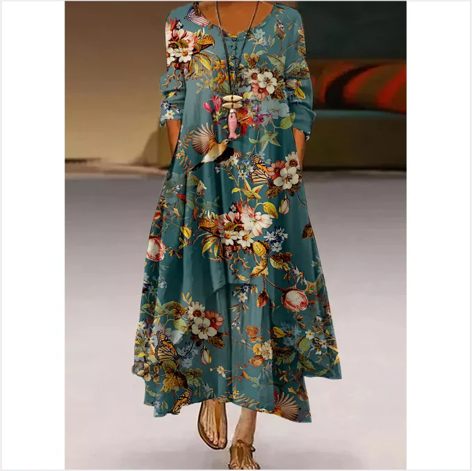 Floral Parrot Print Maxi Long Dress Women's Fashion Party Evening Dresses Sexy high Waist Robe Summer Long Sleeve Elegant Dress - Image 8