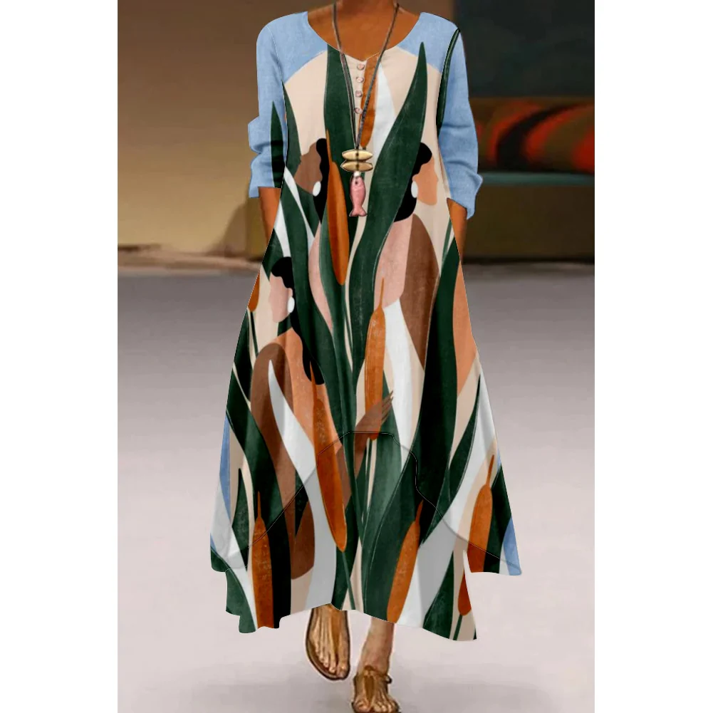 Floral Parrot Print Maxi Long Dress Women's Fashion Party Evening Dresses Sexy high Waist Robe Summer Long Sleeve Elegant Dress - Image 9