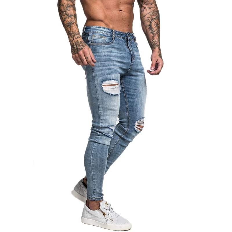 Gingtto Men Jeans Skinny Stretch Repaired Jeans Light Blue Hip Hop Distressed Super Skinny Slim Fit Cotton Comfortable Big Size - Image 5