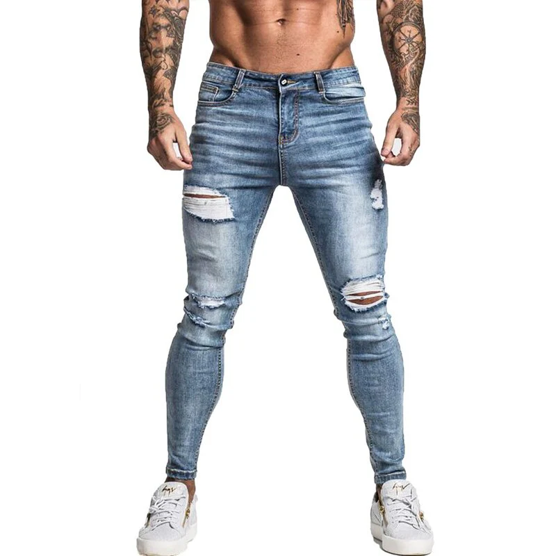 Gingtto Men Jeans Skinny Stretch Repaired Jeans Light Blue Hip Hop Distressed Super Skinny Slim Fit Cotton Comfortable Big Size - Image 7