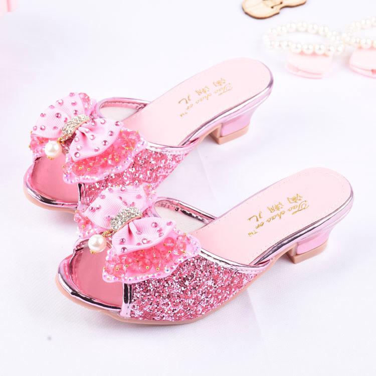 Girls Summer Sandals Slipper Sequined Princesse Children High Heel Party Dress Shoes Leather Slipper For Kids Slides - Image 3