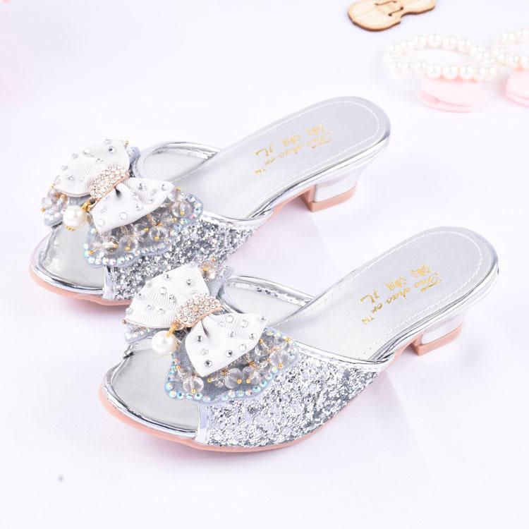Girls Summer Sandals Slipper Sequined Princesse Children High Heel Party Dress Shoes Leather Slipper For Kids Slides - Image 4