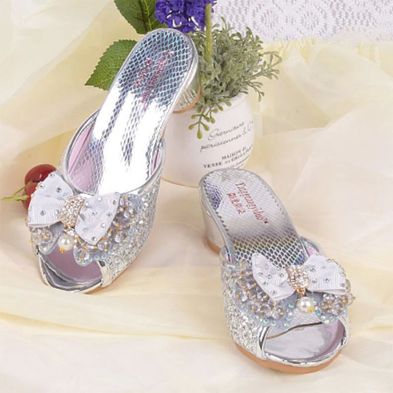 Girls Summer Sandals Slipper Sequined Princesse Children High Heel Party Dress Shoes Leather Slipper For Kids Slides - Image 7