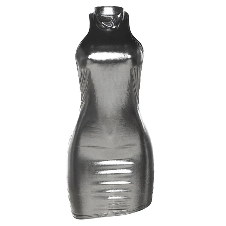 Sexy Halter Silky Mini Dress Women Shiny Solid Stunning Hipster Backless Body-shaping Sleeveless Dress - Image 3