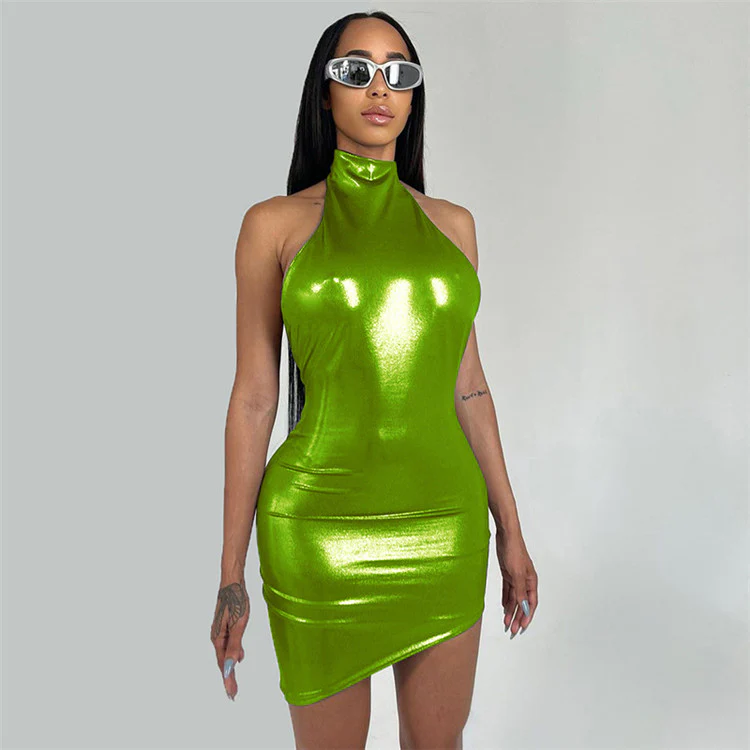 Sexy Halter Silky Mini Dress Women Shiny Solid Stunning Hipster Backless Body-shaping Sleeveless Dress - Image 4
