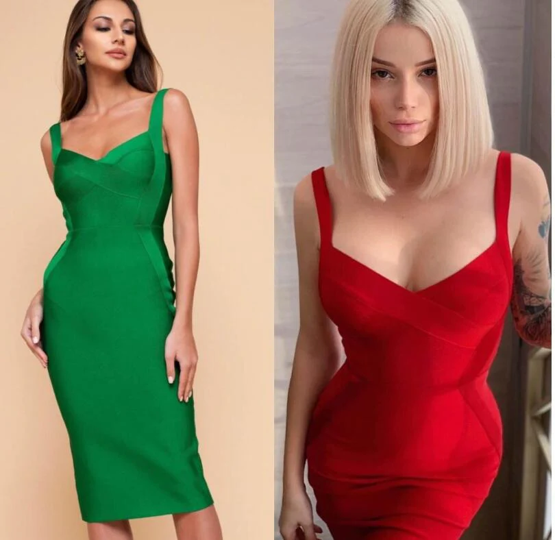 High Quality Pink Green Red Bodycon Knee Length Rayon Bandage Dress Evening Party Dress Vestidos - Image 13