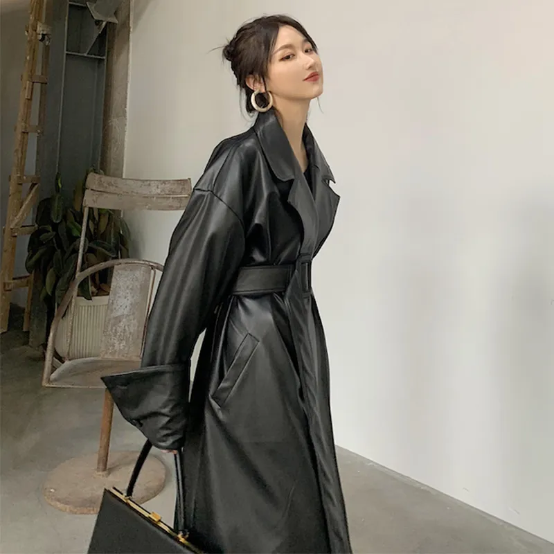 Lautaro Long oversized leather trench coat for women long sleeve lapel loose fit Fall Stylish black women clothing streetwear - Image 3