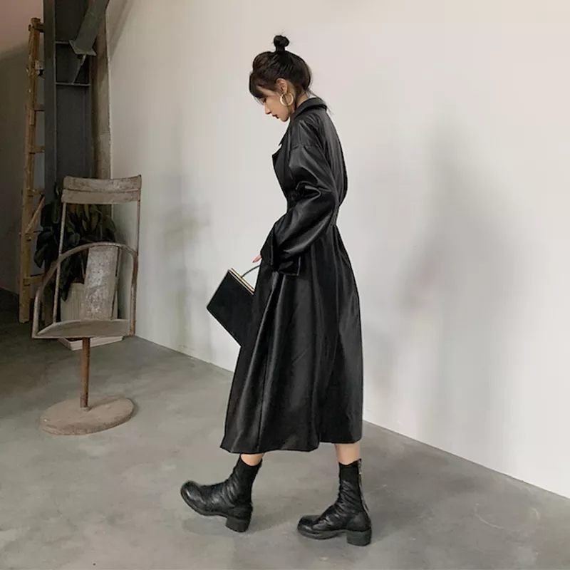 Lautaro Long oversized leather trench coat for women long sleeve lapel loose fit Fall Stylish black women clothing streetwear - Image 5