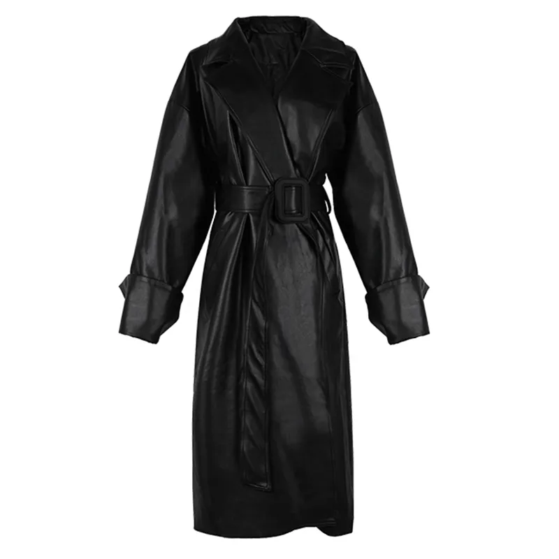 Lautaro Long oversized leather trench coat for women long sleeve lapel loose fit Fall Stylish black women clothing streetwear - Image 6