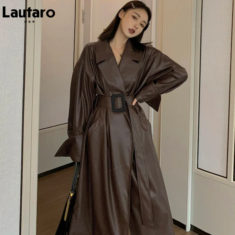 Lautaro Long oversized leather trench coat for women long sleeve lapel loose fit Fall Stylish black women clothing streetwear - Image 7