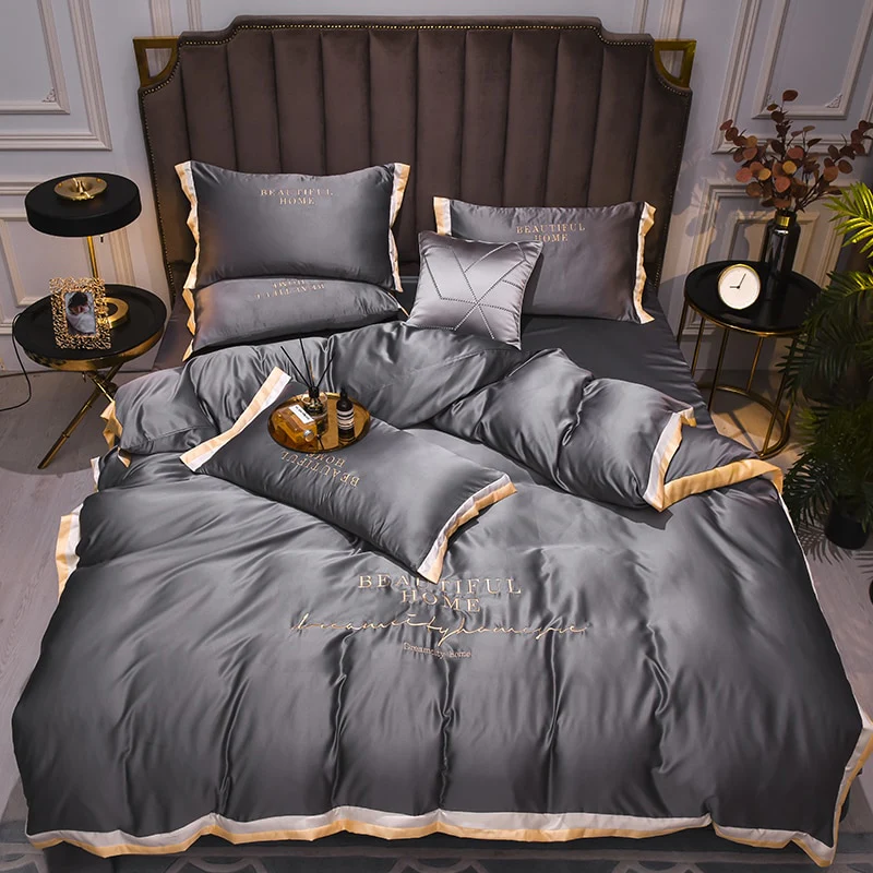 Luxury Bedding Sets Pink Grey White Rayon Embroidery Sheet Quilt Pillowcase Comfortable Soft Fluffy Bedding King Queen 4pcs - Image 14