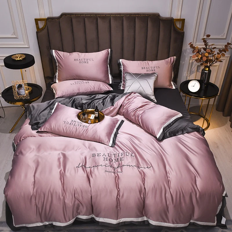 Luxury Bedding Sets Pink Grey White Rayon Embroidery Sheet Quilt Pillowcase Comfortable Soft Fluffy Bedding King Queen 4pcs - Image 3