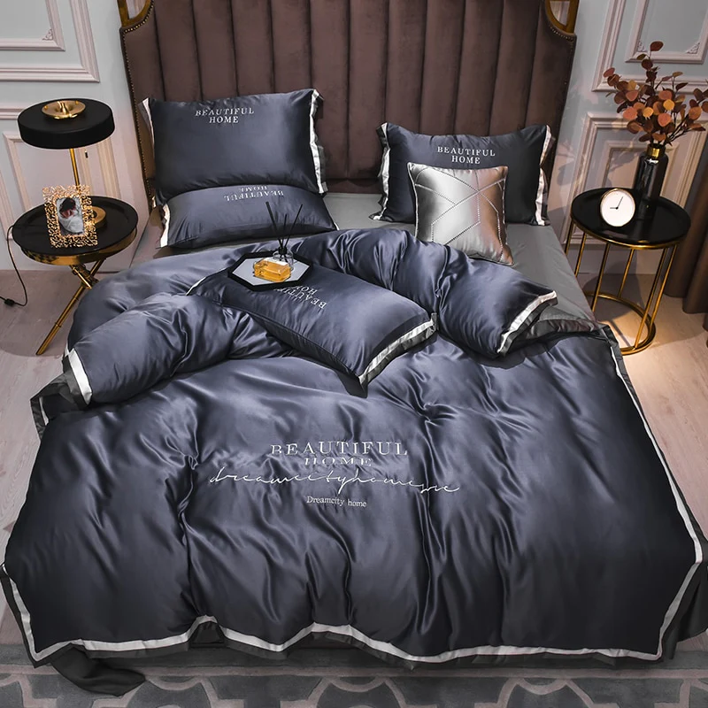 Luxury Bedding Sets Pink Grey White Rayon Embroidery Sheet Quilt Pillowcase Comfortable Soft Fluffy Bedding King Queen 4pcs - Image 4