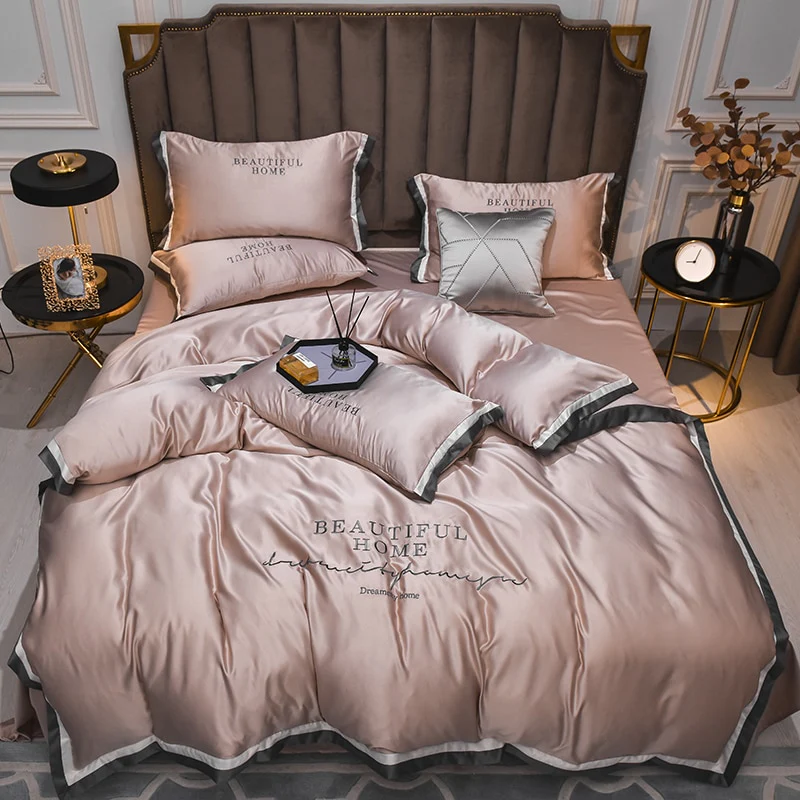 Luxury Bedding Sets Pink Grey White Rayon Embroidery Sheet Quilt Pillowcase Comfortable Soft Fluffy Bedding King Queen 4pcs - Image 8