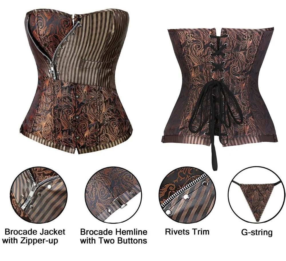 Miss Moly Steampunk Corset Gothic Bustiers Boned Zipper Brown Top Woman Tummy Slimming Sheath Modeling Shapewear Body Shaper - Image 6