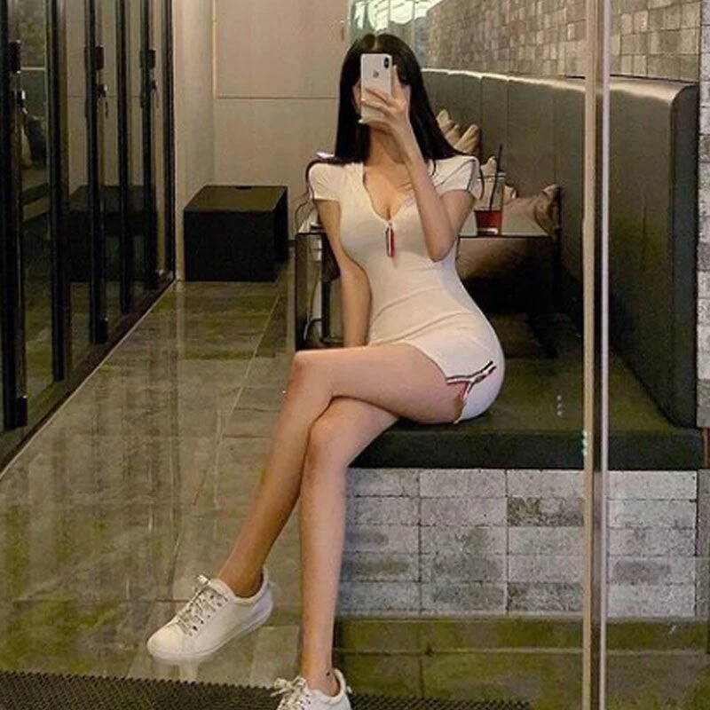 New Year 2022 Women's Summer Dress Mini Bodycon Wrap Hip Robe Sexy Club Woman Clothes Zipper Pullover Dresses With Short Sleeve - Image 5