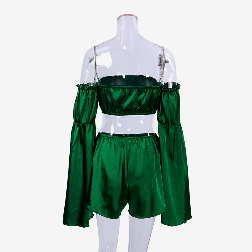 Sexy Ruffled Women'S Nightwear White 2023 Green Crop Top Set With Shorts Flare Sleeve - Image 7