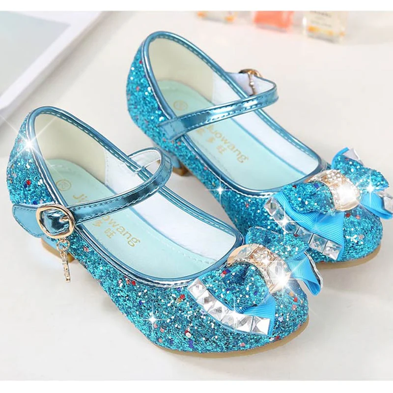 Princess Kids Leather Shoes for Girls Flower Casual Glitter Children High Heel Girls Shoes Butterfly Knot Blue Pink Silver - Image 10