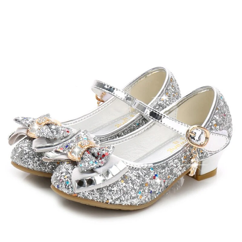 Princess Kids Leather Shoes for Girls Flower Casual Glitter Children High Heel Girls Shoes Butterfly Knot Blue Pink Silver - Image 12