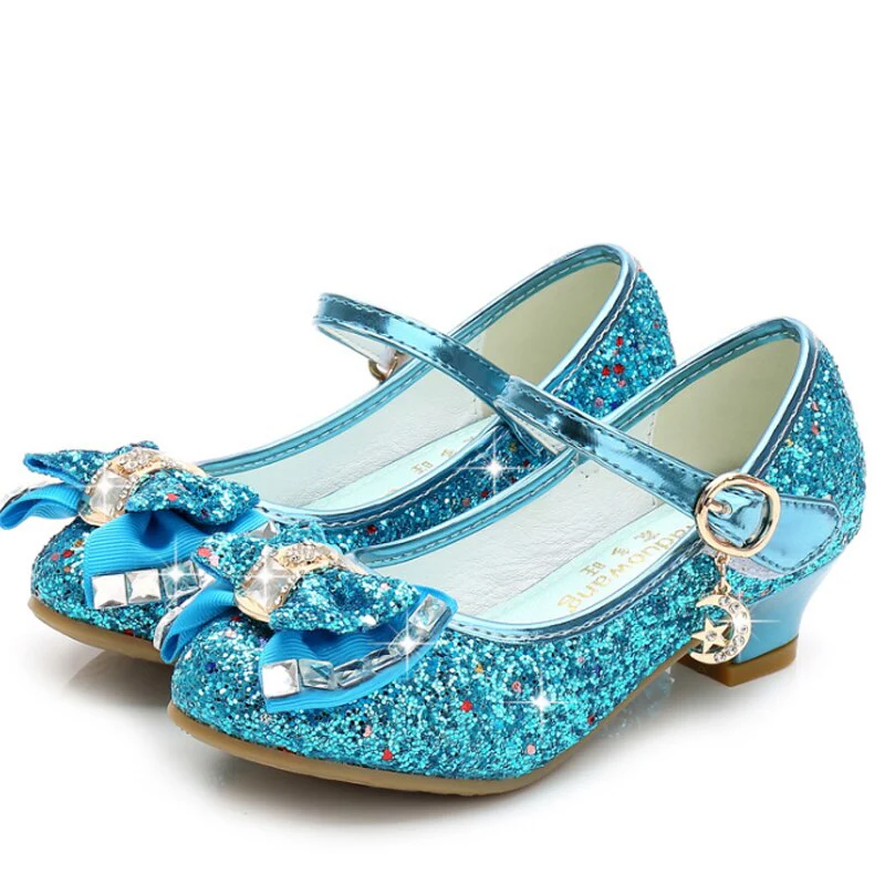 Princess Kids Leather Shoes for Girls Flower Casual Glitter Children High Heel Girls Shoes Butterfly Knot Blue Pink Silver - Image 13
