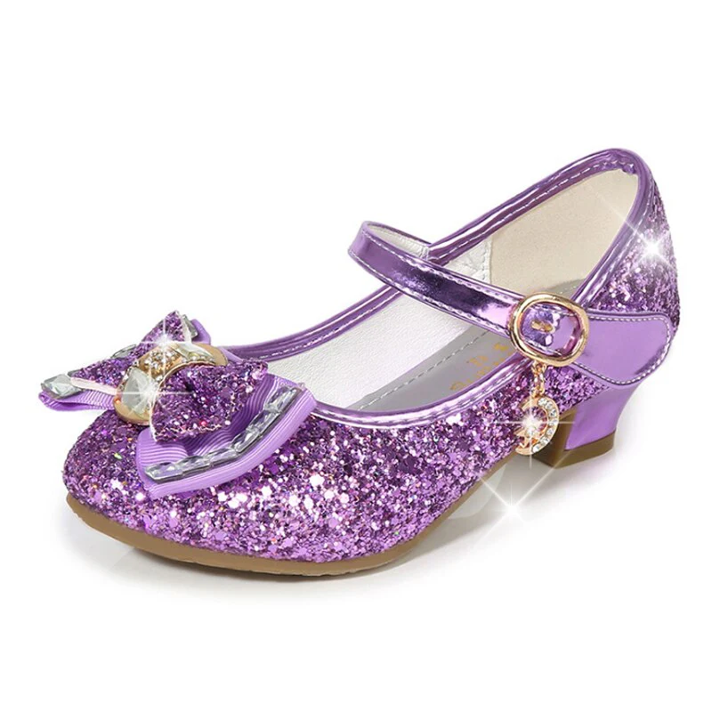 Princess Kids Leather Shoes for Girls Flower Casual Glitter Children High Heel Girls Shoes Butterfly Knot Blue Pink Silver - Image 3