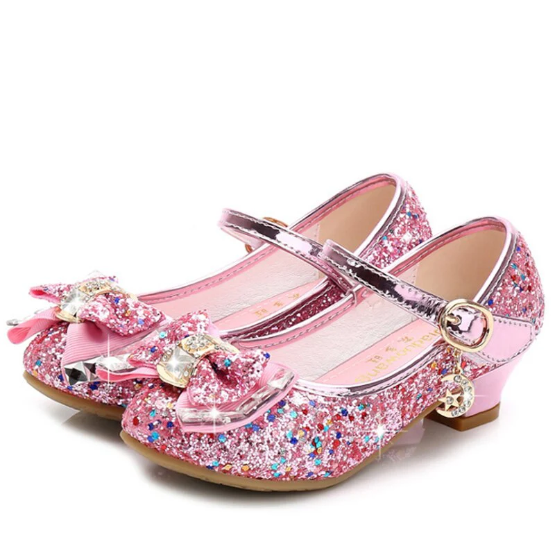Princess Kids Leather Shoes for Girls Flower Casual Glitter Children High Heel Girls Shoes Butterfly Knot Blue Pink Silver - Image 7