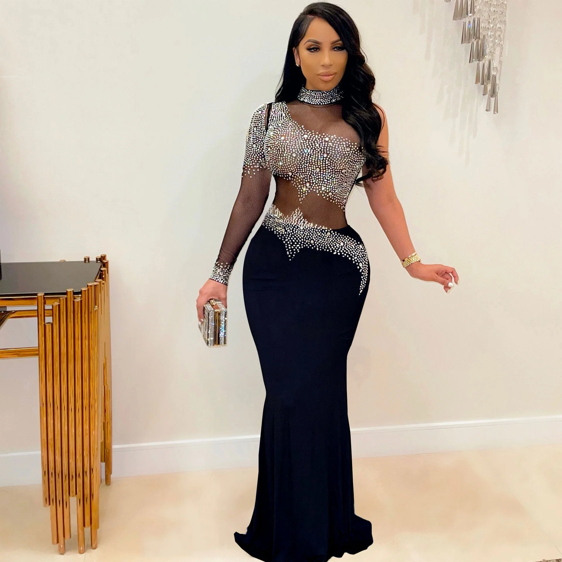 Rhinestone Women Long Maxi Dress Sheer Mesh Patchwork See Through One Shoulder Evening Party Fitness Dress Sexy Club Bodycon - Image 6