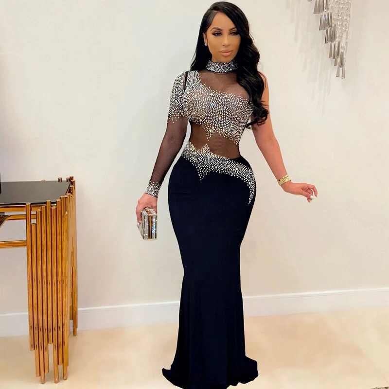Rhinestone Women Long Maxi Dress Sheer Mesh Patchwork See Through One Shoulder Evening Party Fitness Dress Sexy Club Bodycon - Image 7