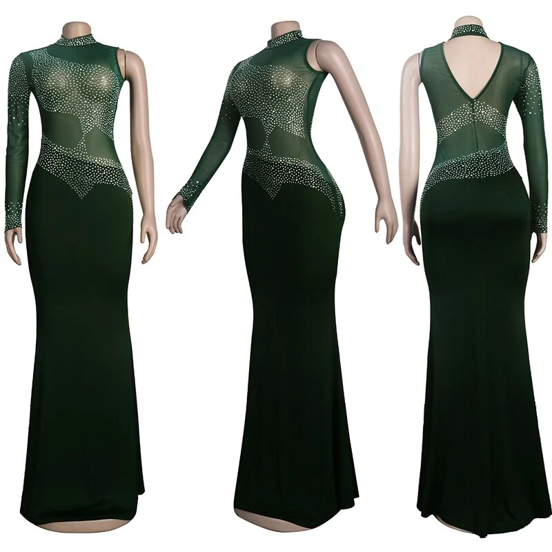 Rhinestone Women Long Maxi Dress Sheer Mesh Patchwork See Through One Shoulder Evening Party Fitness Dress Sexy Club Bodycon - Image 9