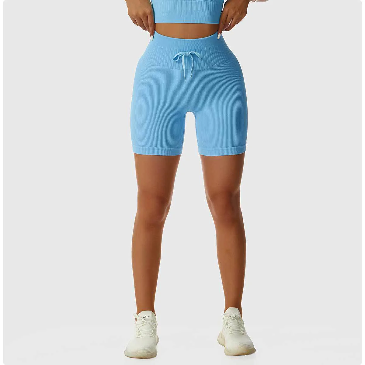 Seamless High Waist Hip Lift Knitted Fitness Shorts with Drawstring Tummy Control Running Shorts - Image 3