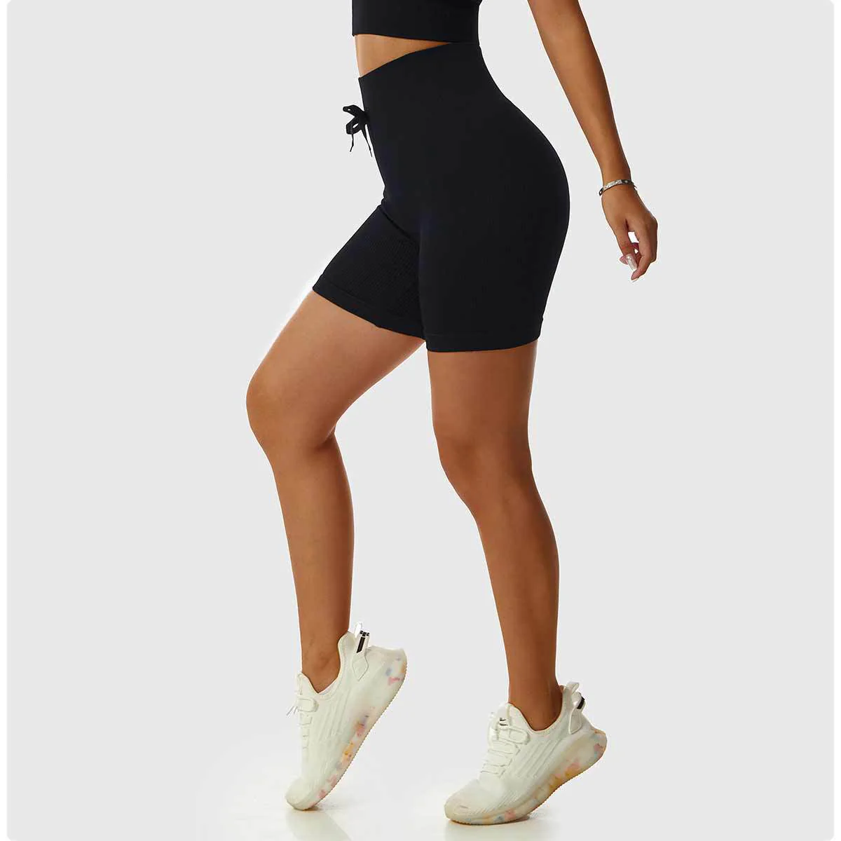 Seamless High Waist Hip Lift Knitted Fitness Shorts with Drawstring Tummy Control Running Shorts - Image 4