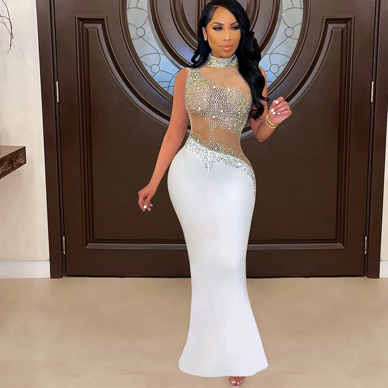 Sheer Mesh Patchwork Rhinestones Long Maxi Dress Women Sleeveless Turtleneck Floor Length Vestidos Sexy Transparent Xmas Dress - Image 12