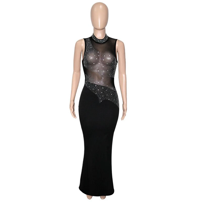 Sheer Mesh Patchwork Rhinestones Long Maxi Dress Women Sleeveless Turtleneck Floor Length Vestidos Sexy Transparent Xmas Dress - Image 13