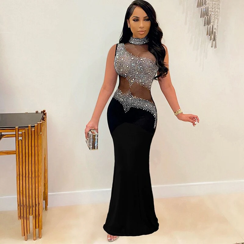 Sheer Mesh Patchwork Rhinestones Long Maxi Dress Women Sleeveless Turtleneck Floor Length Vestidos Sexy Transparent Xmas Dress - Image 14
