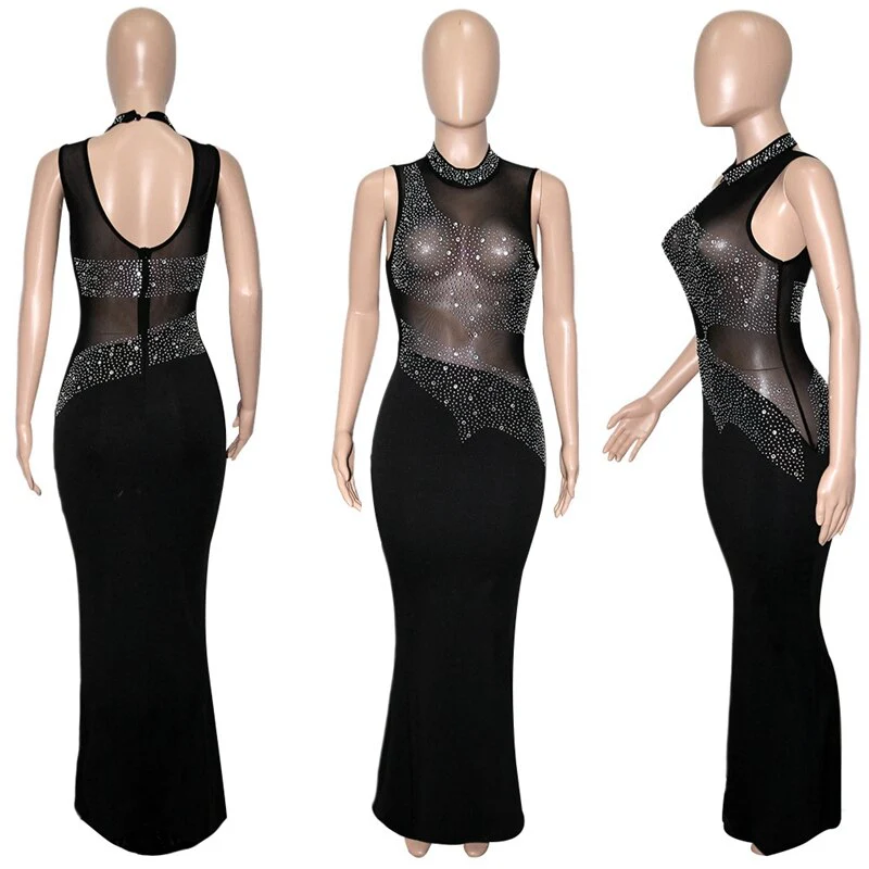 Sheer Mesh Patchwork Rhinestones Long Maxi Dress Women Sleeveless Turtleneck Floor Length Vestidos Sexy Transparent Xmas Dress - Image 15