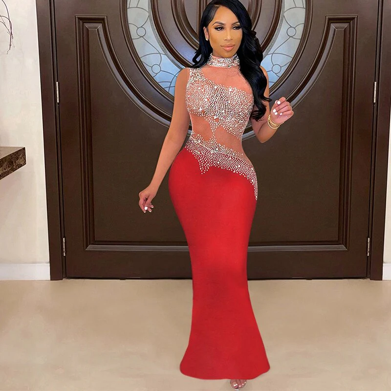 Sheer Mesh Patchwork Rhinestones Long Maxi Dress Women Sleeveless Turtleneck Floor Length Vestidos Sexy Transparent Xmas Dress - Image 16