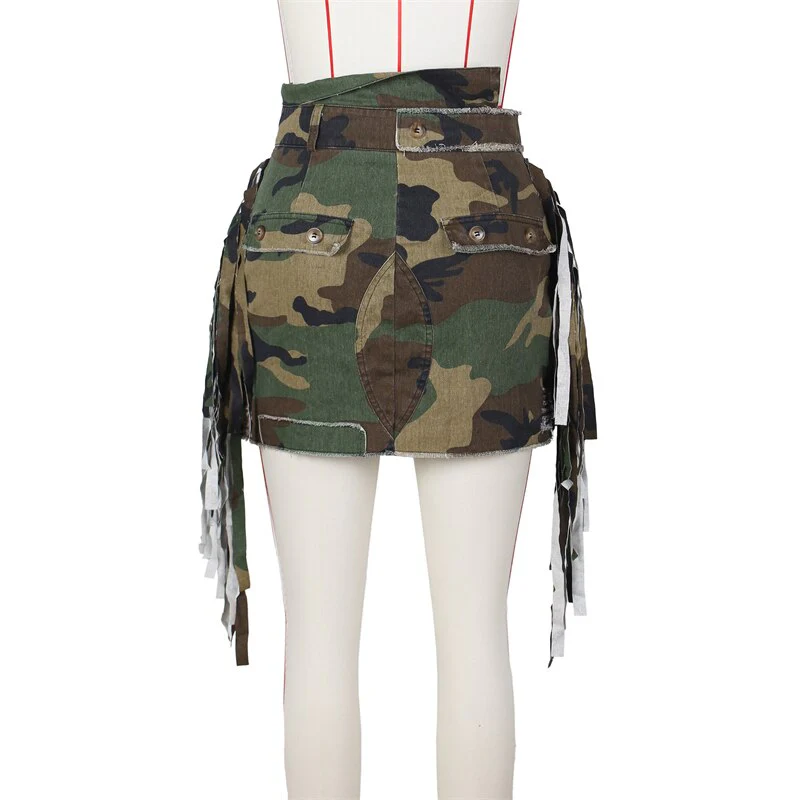 Side Tassel Camouflage Mini Cargo Skirts Women High Waist Buttons Patch Fringed Casual Street Skirt All Matching Skirt - Image 5