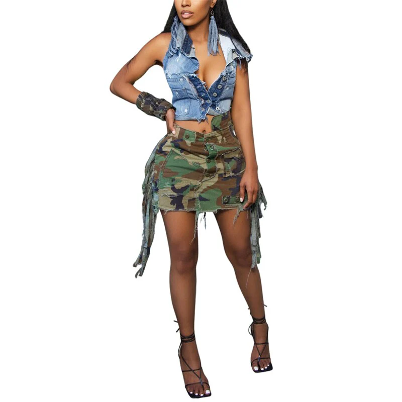 Side Tassel Camouflage Mini Cargo Skirts Women High Waist Buttons Patch Fringed Casual Street Skirt All Matching Skirt - Image 7