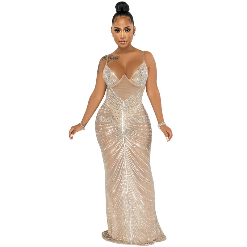 Sparkle Sheer Mesh Rhinestones Long Maxi Dress Gown Women Glam Spagetti Straps Crystal Sexy Evening Party Dress Outifts - Image 3
