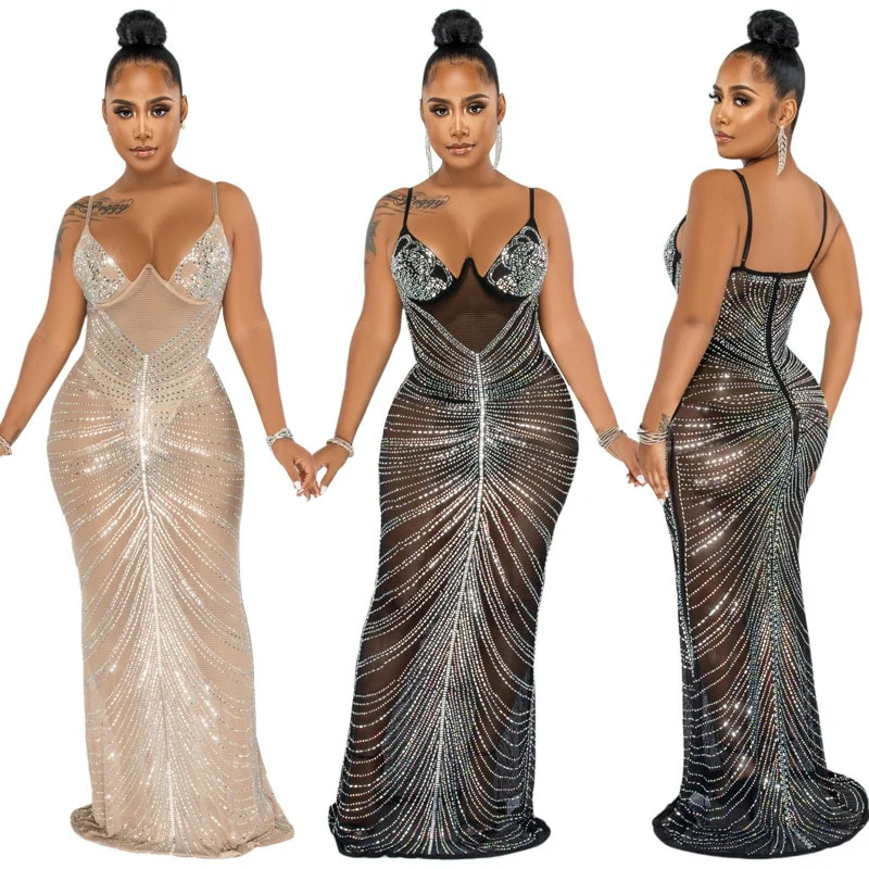 Sparkle Sheer Mesh Rhinestones Long Maxi Dress Gown Women Glam Spagetti Straps Crystal Sexy Evening Party Dress Outifts - Image 6