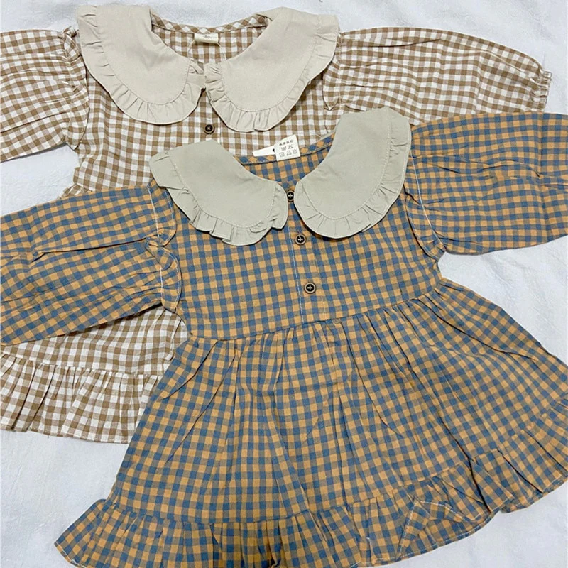 Spring Summer Girls Clothing Cute Children Dresses Kids Baby Girl Plaid Cotton Linen Lapel Collar Dress Long Sleeve Skirt - Image 11