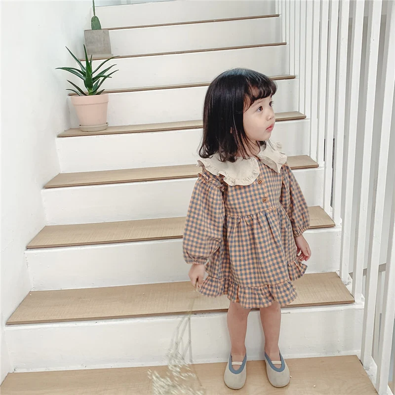 Spring Summer Girls Clothing Cute Children Dresses Kids Baby Girl Plaid Cotton Linen Lapel Collar Dress Long Sleeve Skirt - Image 12
