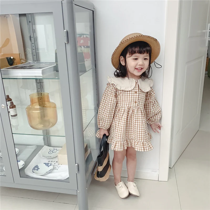 Spring Summer Girls Clothing Cute Children Dresses Kids Baby Girl Plaid Cotton Linen Lapel Collar Dress Long Sleeve Skirt - Image 13