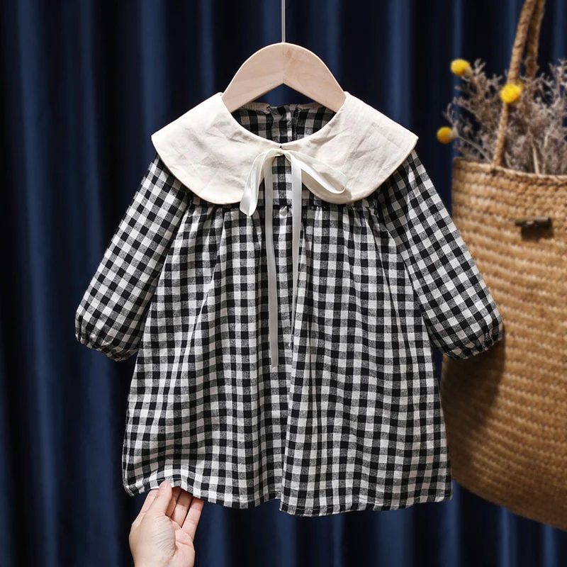 Spring Summer Girls Clothing Cute Children Dresses Kids Baby Girl Plaid Cotton Linen Lapel Collar Dress Long Sleeve Skirt - Image 14