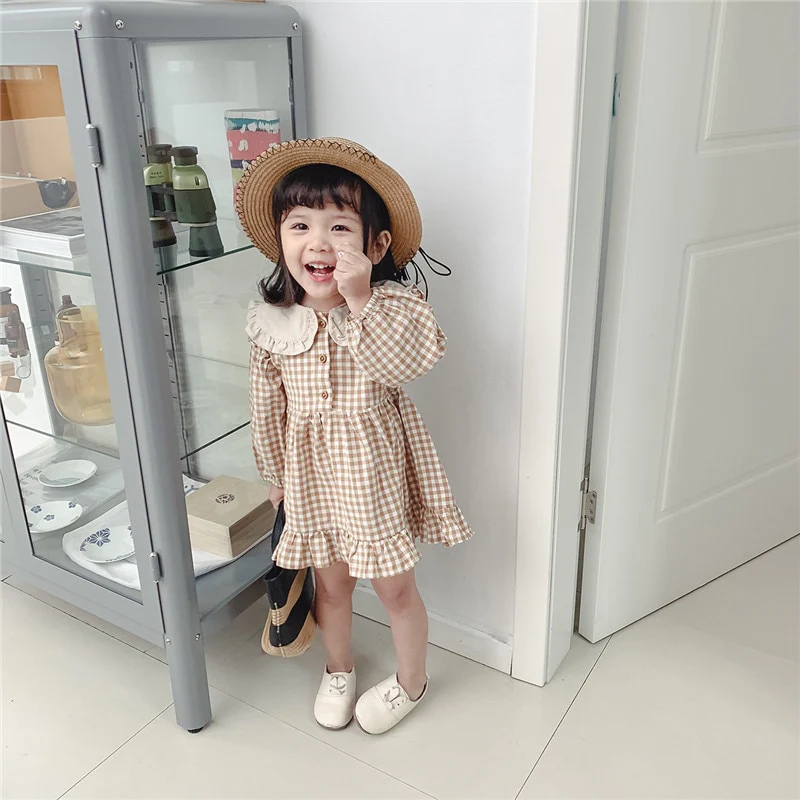 Spring Summer Girls Clothing Cute Children Dresses Kids Baby Girl Plaid Cotton Linen Lapel Collar Dress Long Sleeve Skirt - Image 3