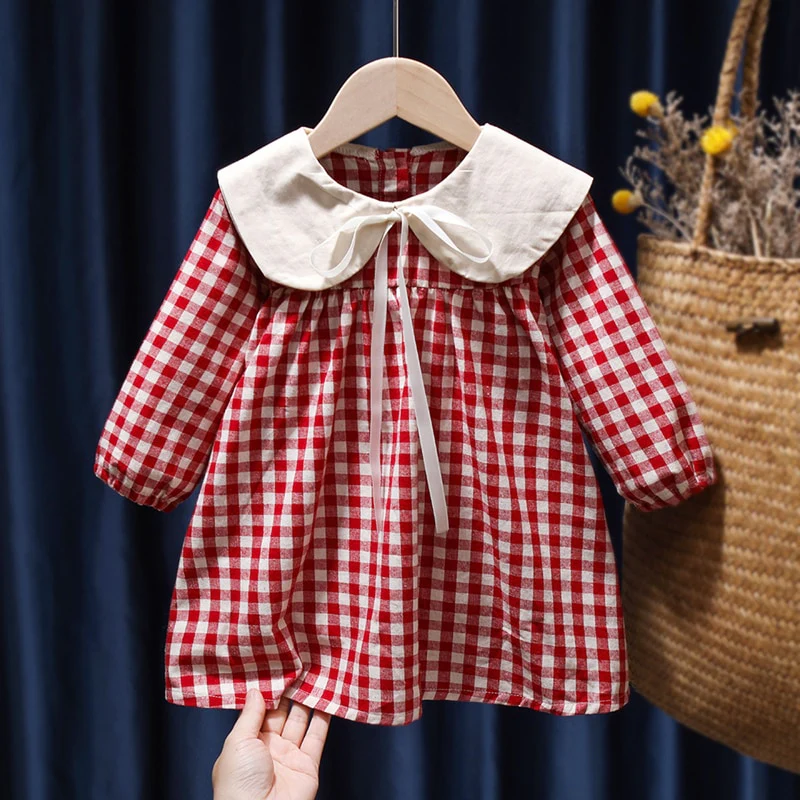 Spring Summer Girls Clothing Cute Children Dresses Kids Baby Girl Plaid Cotton Linen Lapel Collar Dress Long Sleeve Skirt - Image 4