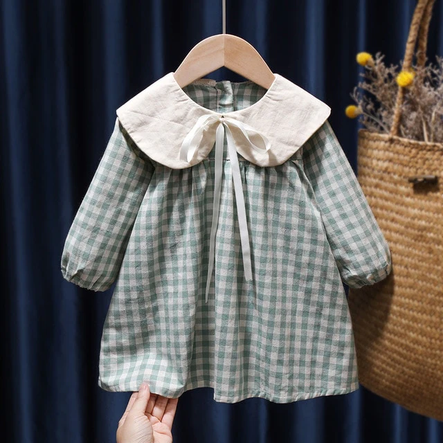 Spring Summer Girls Clothing Cute Children Dresses Kids Baby Girl Plaid Cotton Linen Lapel Collar Dress Long Sleeve Skirt - Image 5