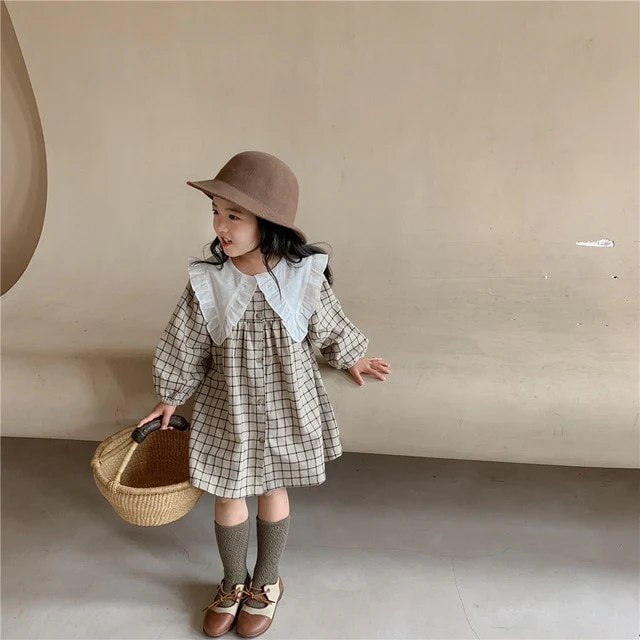 Spring Summer Girls Clothing Cute Children Dresses Kids Baby Girl Plaid Cotton Linen Lapel Collar Dress Long Sleeve Skirt - Image 6