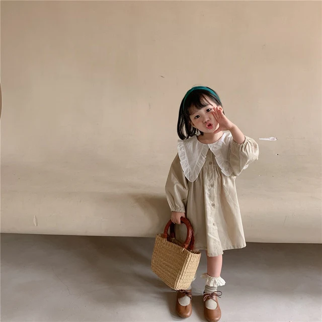 Spring Summer Girls Clothing Cute Children Dresses Kids Baby Girl Plaid Cotton Linen Lapel Collar Dress Long Sleeve Skirt - Image 8